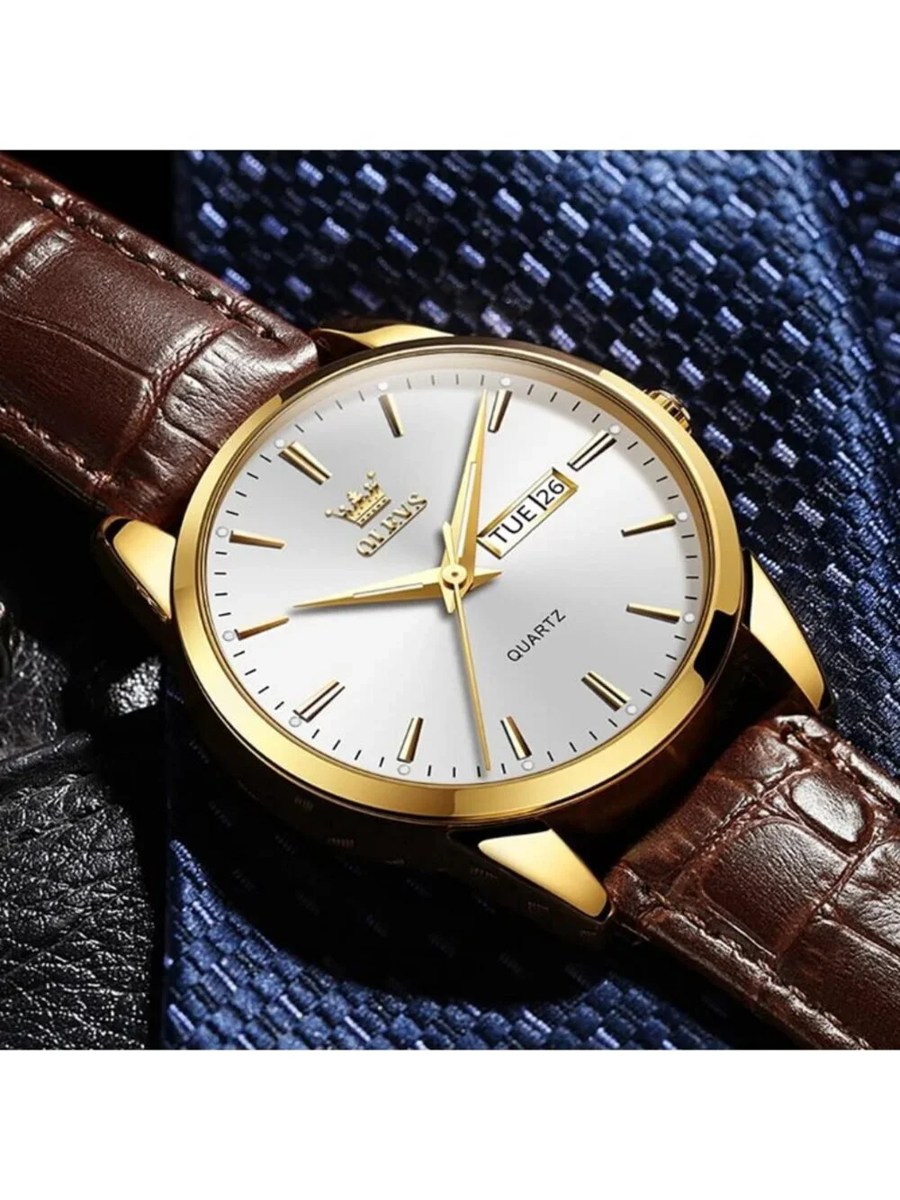 Men's White And Gold Quartz Leather Brown Buckle Waterproof Luminous Round Watch